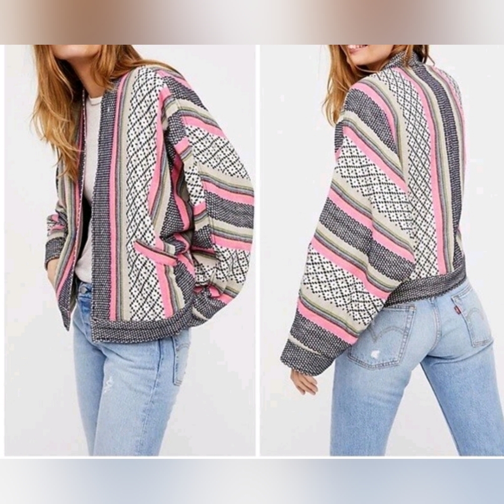 Free People Pink and Black Patterned Blazer